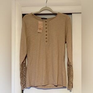Tan Long Sleeve Top with Lace Accents